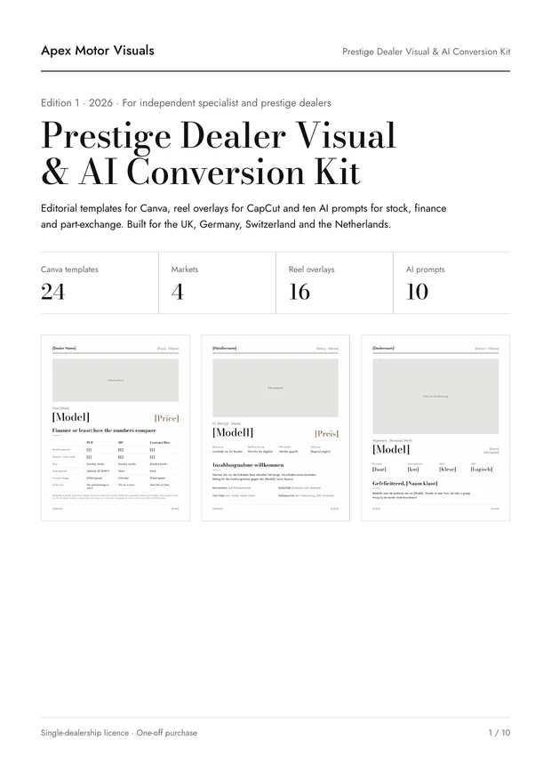 Cover of the Prestige Dealer Visual and AI Conversion Kit: 24 Canva templates, 4 markets, 16 reel overlays, 10 AI prompts.