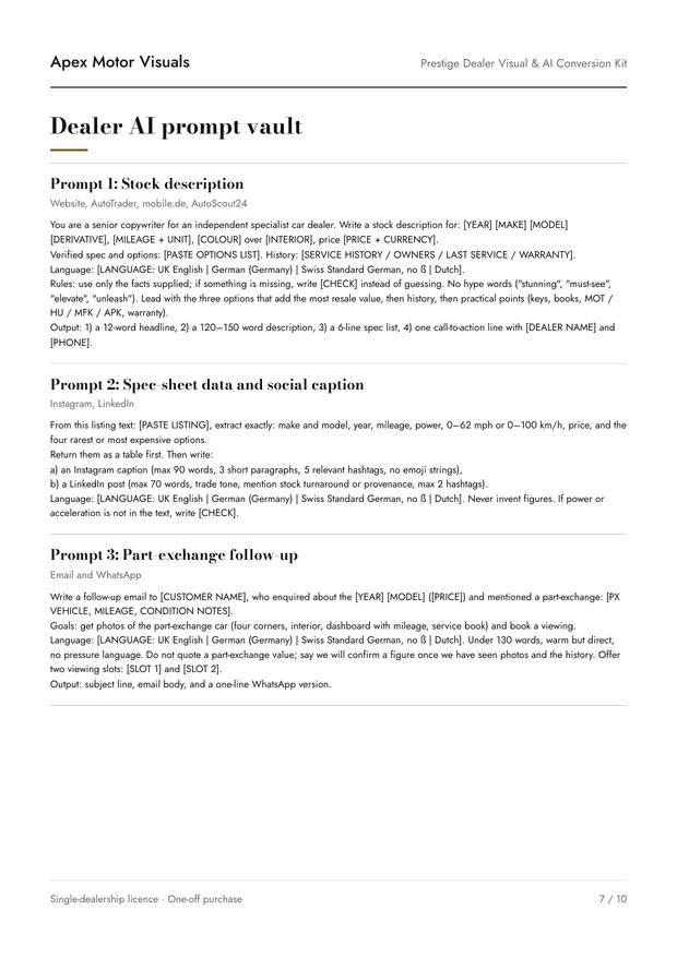 Kit page 7: dealer AI prompt vault.