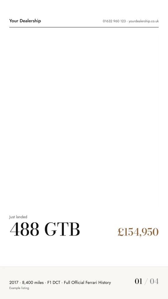 Layer 1: dealer name, model and price, around a clear window for footage.
