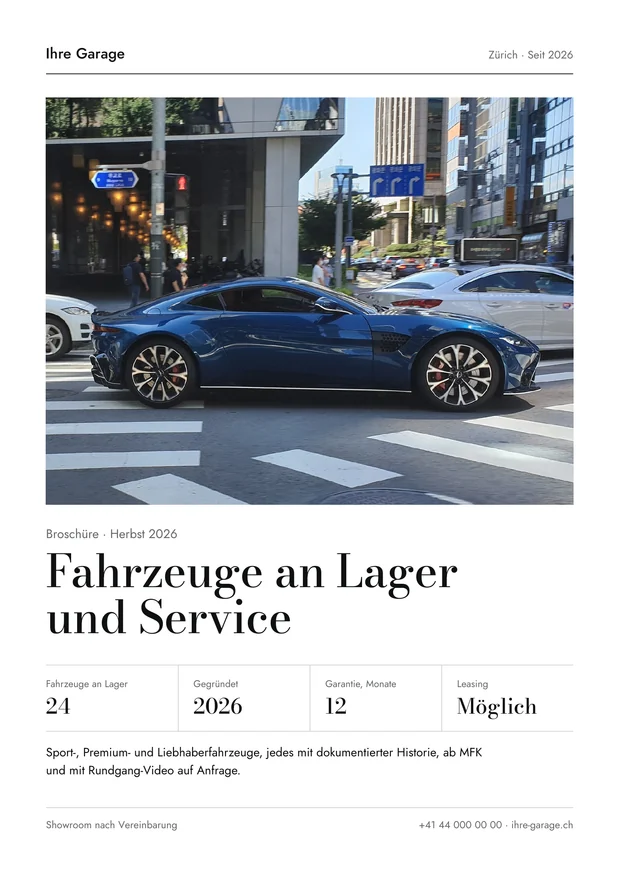 A4 brochure cover template, Swiss edition: Fahrzeuge an Lager und Service.