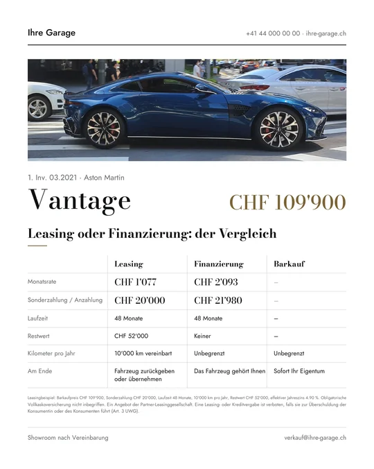 Finance or lease template, Swiss edition, comparing Leasing, Finanzierung and Barkauf in Swiss francs.