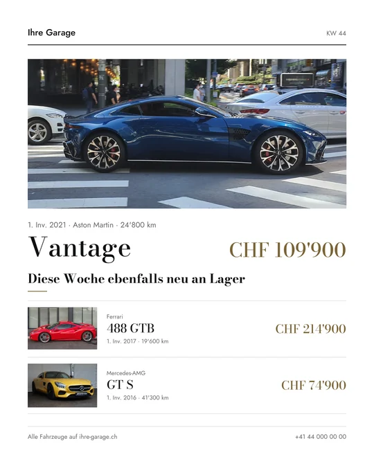 Weekly arrivals template, Swiss edition, prices in Swiss francs.