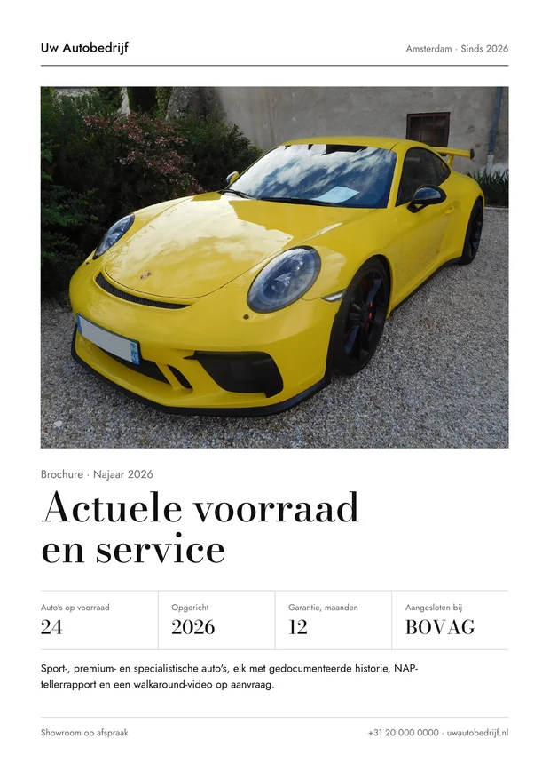 A4 brochure cover template, Dutch edition: Actuele voorraad en service.