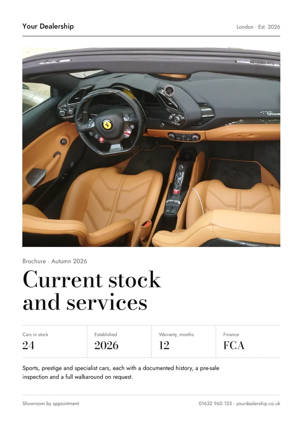 A4 brochure cover template, United Kingdom edition: current stock and services.