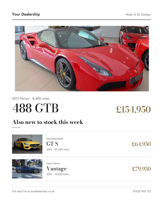 Weekly arrivals template, United Kingdom edition, with a lead car and two further arrivals.